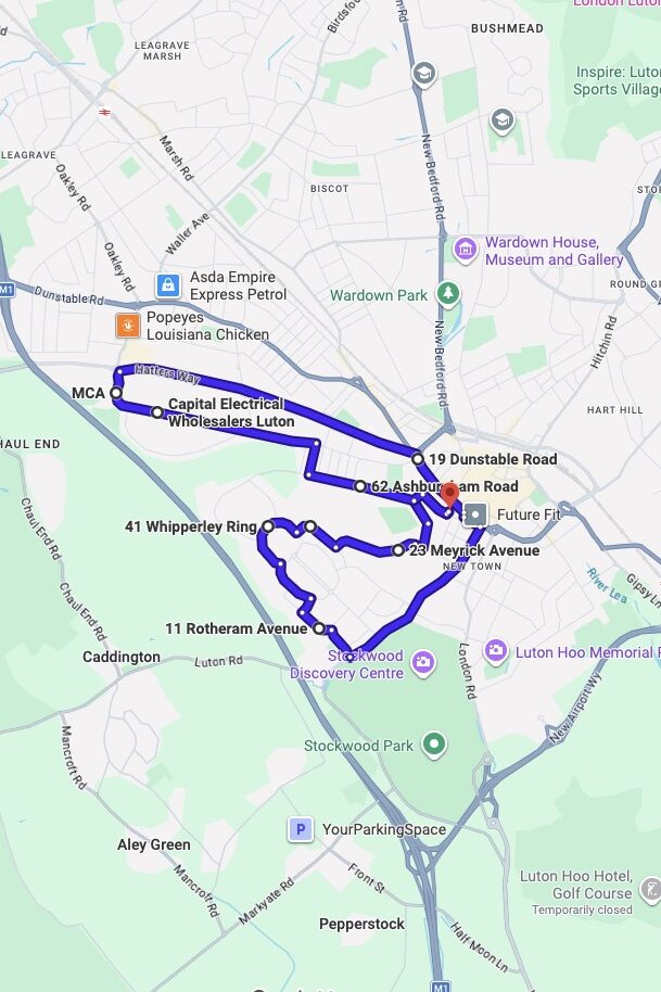 Luton driving test routes map UK showing DVSA test routes, real exam roads, key junctions, roundabouts and roads used in the driving test