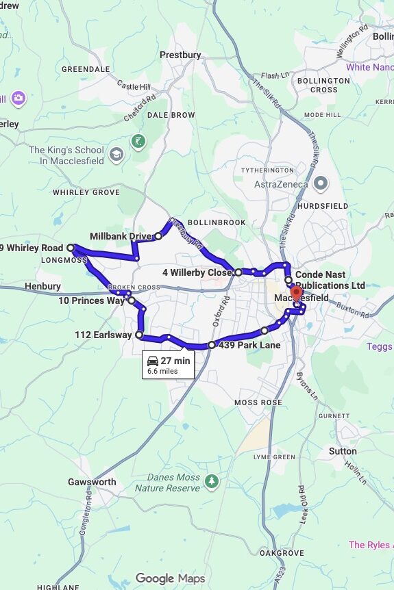 Macclesfield driving test routes map UK showing DVSA test routes, real exam roads, key junctions, roundabouts and roads used in the driving test