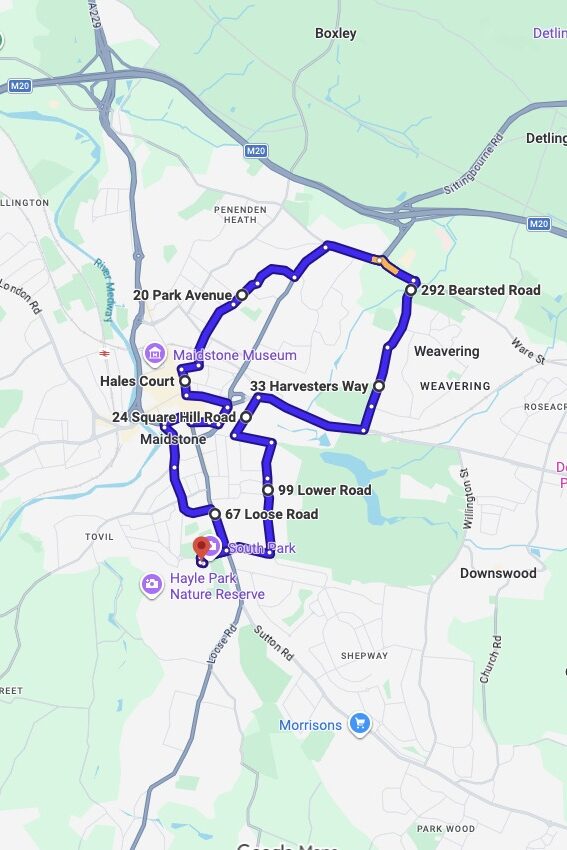 Maidstone driving test routes map UK showing DVSA test routes, real exam roads, key junctions, roundabouts and roads used in the driving test