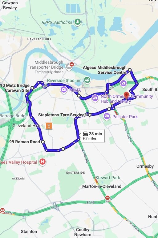 Middlesbrough driving test routes map UK showing DVSA test routes, real exam roads, key junctions, roundabouts and roads used in the driving test