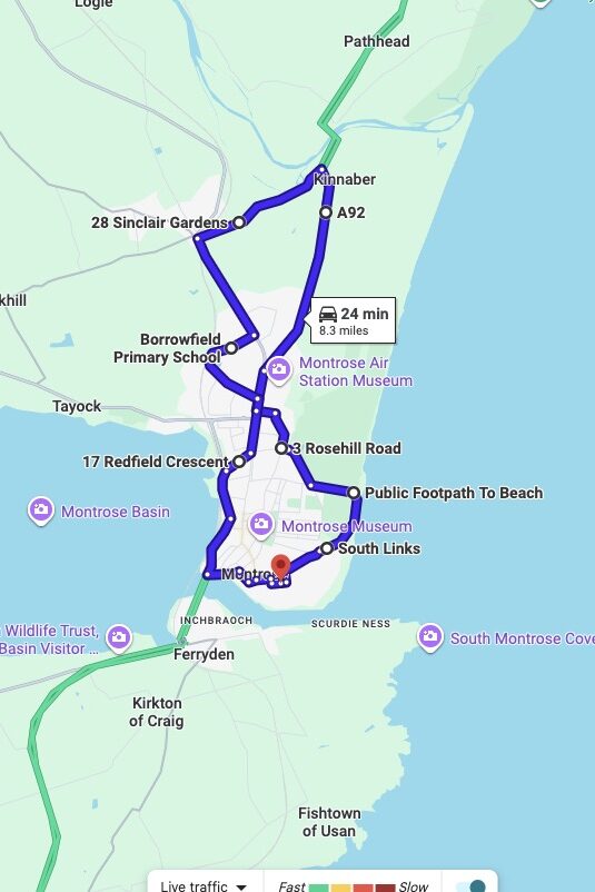 Montrose driving test routes map UK showing DVSA test routes, real exam roads, key junctions, roundabouts and roads used in the driving test