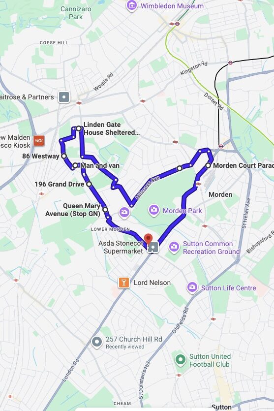 Morden (London) driving test routes map UK showing DVSA test routes, real exam roads, key junctions, roundabouts and roads used in the driving test