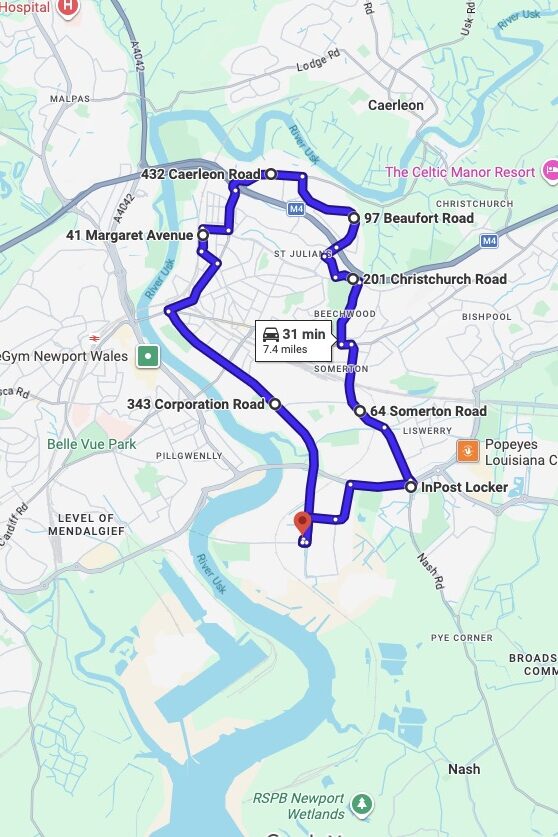 Newport (Gwent) driving test routes map UK showing DVSA test routes, real exam roads, key junctions, roundabouts and roads used in the driving test