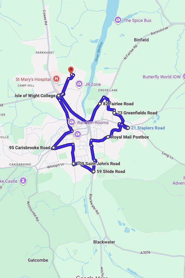 Newport (Isle Of Wight) driving test routes map UK showing DVSA test routes, real exam roads, key junctions, roundabouts and roads used in the driving test
