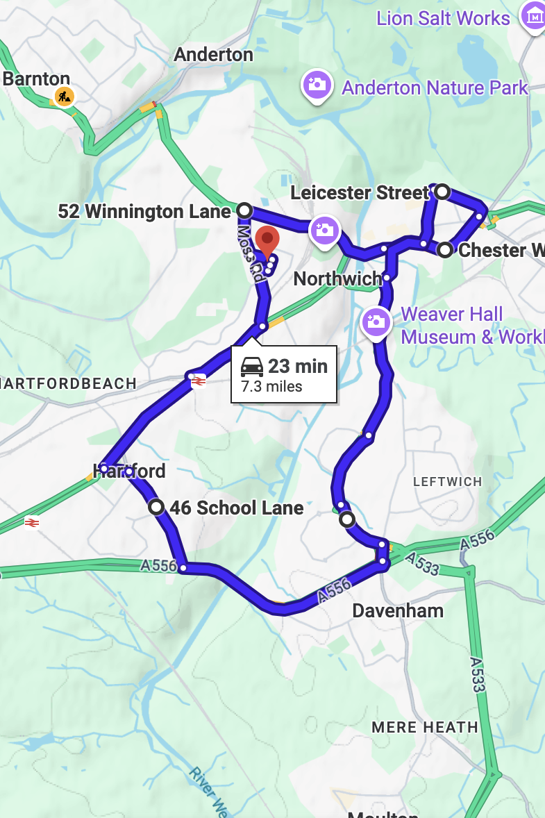 Northwich driving test routes map UK showing DVSA test routes, real exam roads, key junctions, roundabouts and roads used in the driving test