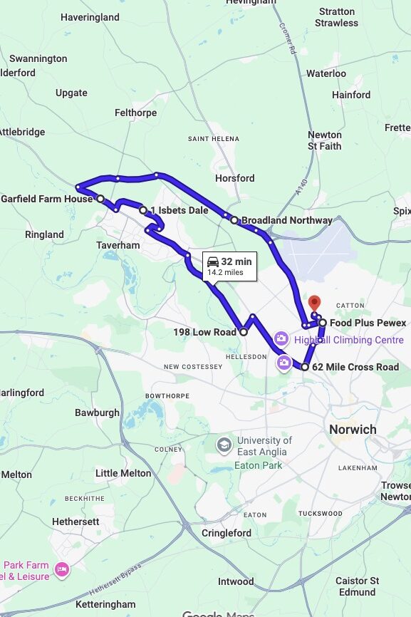 Norwich (Jupiter Road) driving test routes map UK showing DVSA test routes, real exam roads, key junctions, roundabouts and roads used in the driving test