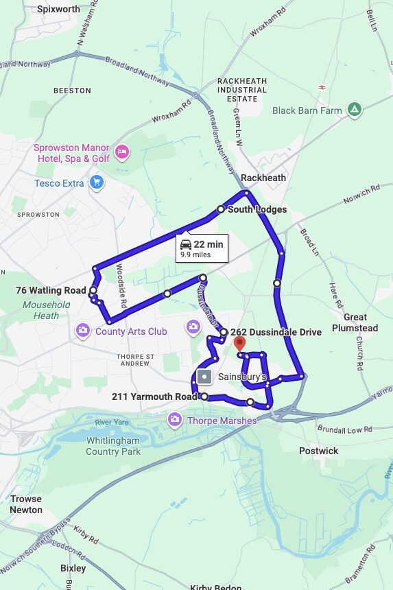 Norwich (Peachman Way) driving test routes map UK showing DVSA test routes, real exam roads, key junctions, roundabouts and roads used in the driving test