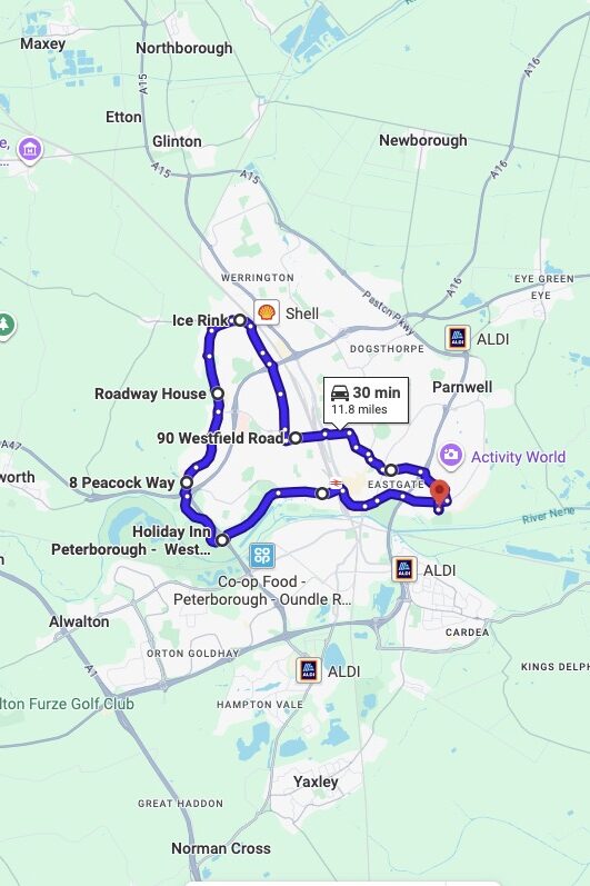 Peterborough driving test routes map UK showing DVSA test routes, real exam roads, key junctions, roundabouts and roads you are likely to drive in your driving test