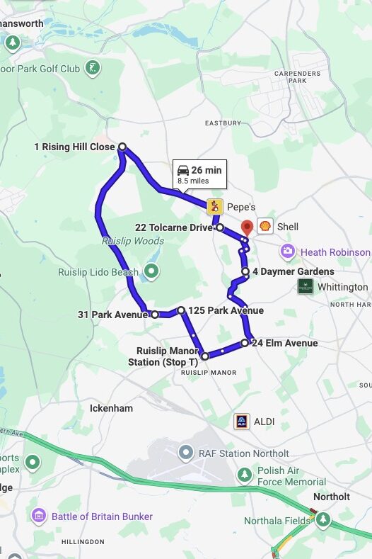 Pinner (London) driving test routes map UK showing DVSA test routes, real exam roads, key junctions, roundabouts and roads used in the driving test