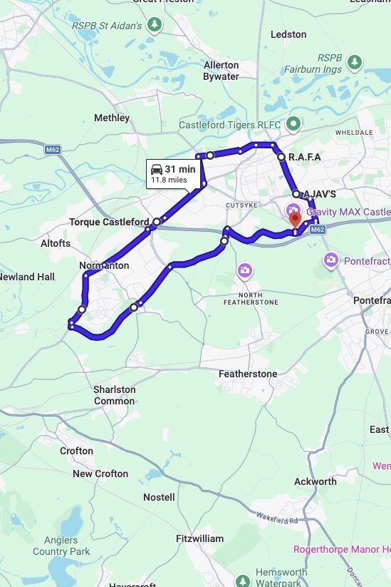 Pontefract driving test routes map UK showing DVSA test routes, real exam roads, key junctions, roundabouts and roads used in the driving test