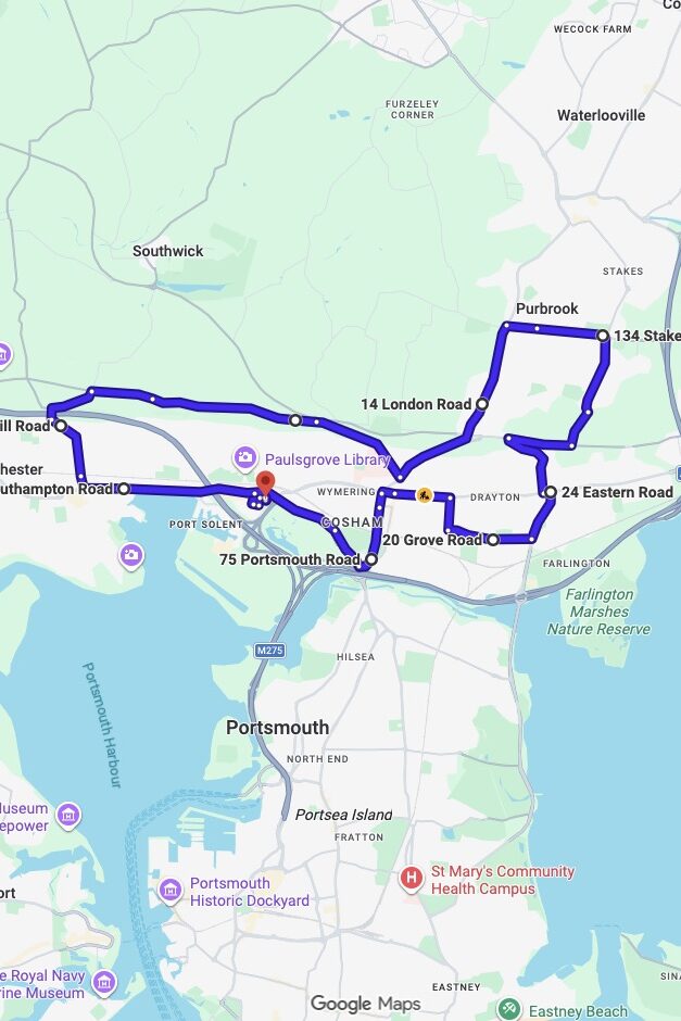 Portsmouth driving test routes map UK showing DVSA test routes, real exam roads, key junctions, roundabouts and roads used in the driving test