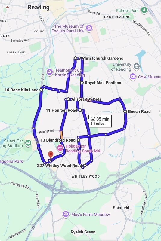 Reading driving test routes map UK showing DVSA test routes, real exam roads, key junctions, roundabouts and roads used in the driving test