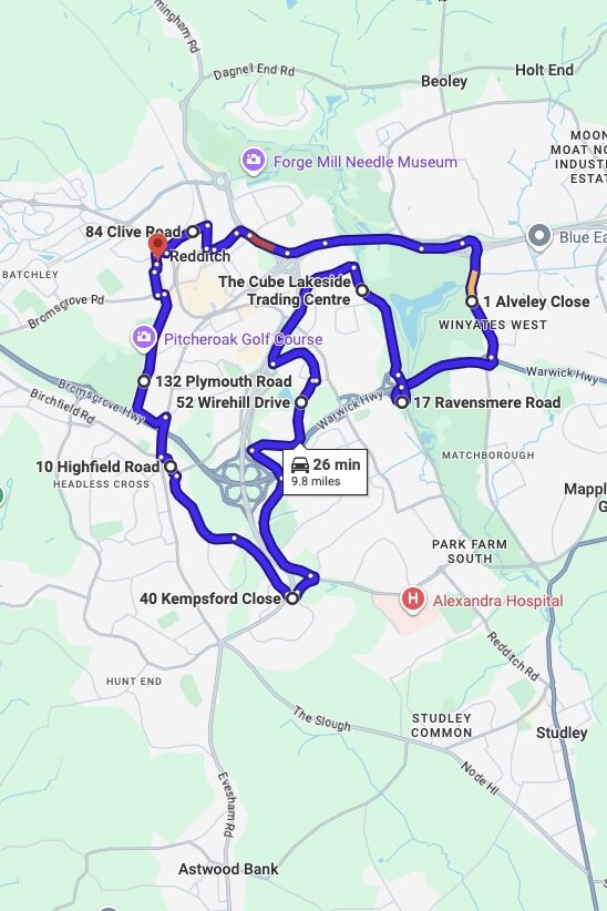 Redditch driving test routes map UK showing DVSA test routes, real exam roads, key junctions, roundabouts and roads used in the driving test