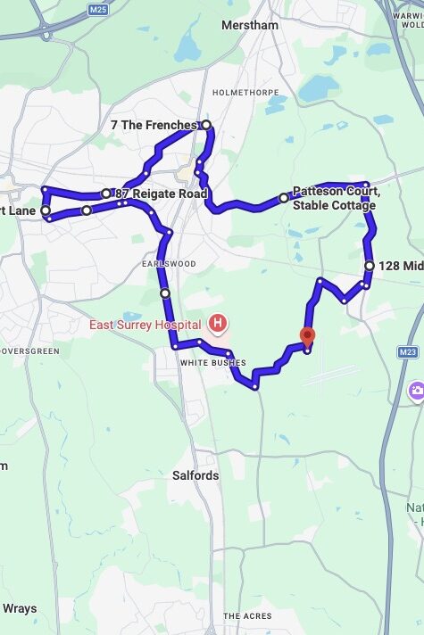 Redhill Aerodrome driving test routes map UK showing DVSA test routes, real exam roads, key junctions, roundabouts and roads used in the driving test