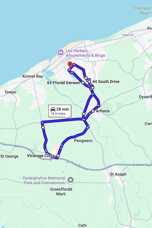 Rhyl driving test routes map UK showing DVSA test routes, real exam roads, key junctions, roundabouts and roads used in the driving test