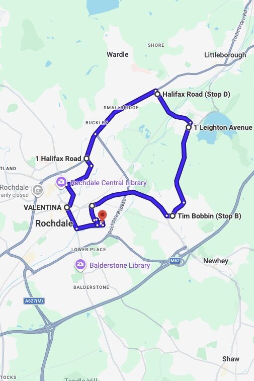 Rochdale driving test routes map UK showing DVSA test routes, real exam roads, key junctions, roundabouts and roads used in the driving test