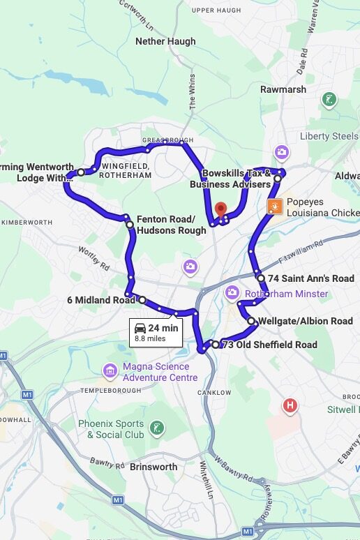 Rotherham driving test routes map UK showing DVSA test routes, real exam roads, key junctions, roundabouts and roads used in the driving test