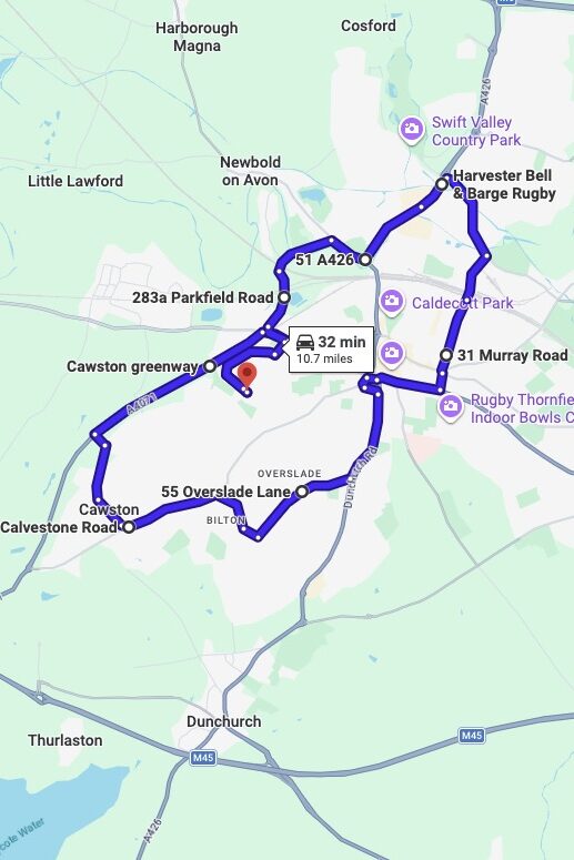 Rugby driving test routes map UK showing DVSA test routes, real exam roads, key junctions, roundabouts and roads used in the driving test