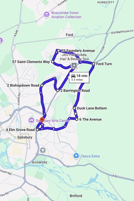 Salisbury driving test routes map UK showing DVSA test routes, real exam roads, key junctions, roundabouts and roads used in the driving test