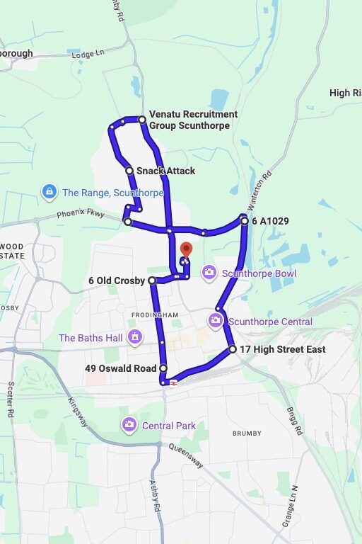 Scunthorpe driving test routes map UK showing DVSA test routes, real exam roads, key junctions, roundabouts and roads used in the driving test