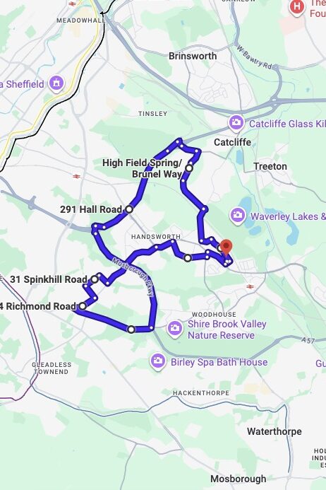 Sheffield (Handsworth) driving test routes map UK showing DVSA test routes, real exam roads, key junctions, roundabouts and roads used in the driving test