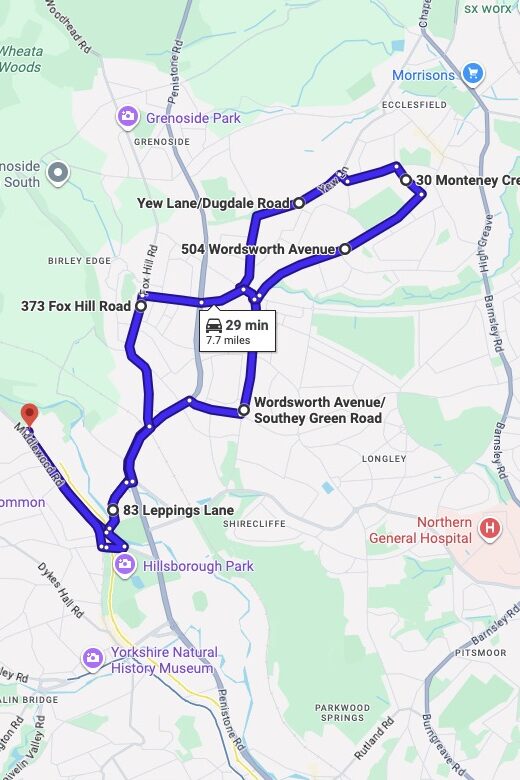 Sheffield (Middlewood Road) driving test routes map UK showing DVSA test routes, real exam roads, key junctions, roundabouts and roads used in the driving test