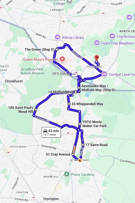 Sidcup (London) driving test routes map UK showing DVSA test routes, real exam roads, key junctions, roundabouts and roads used in the driving test