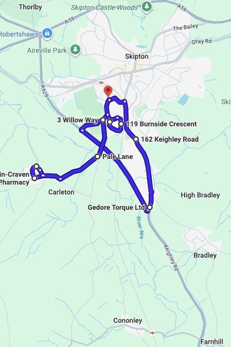 Skipton driving test routes map UK showing DVSA test routes, real exam roads, key junctions, roundabouts and roads used in the driving test