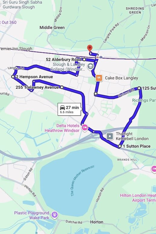 Slough (London) driving test routes map UK showing DVSA test routes, real exam roads, key junctions, roundabouts and roads used in the driving test