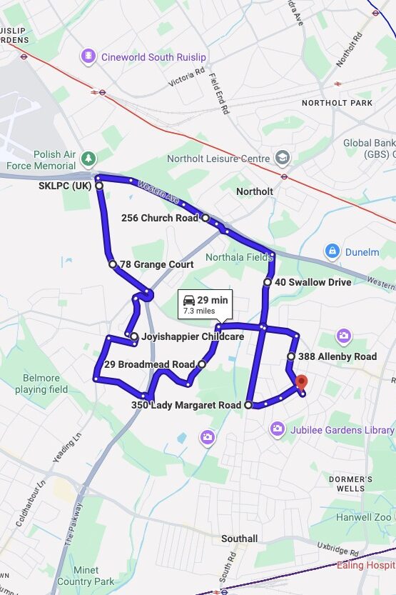 Southall (London) driving test routes map UK showing DVSA test routes, real exam roads, key junctions, roundabouts and roads used in the driving test