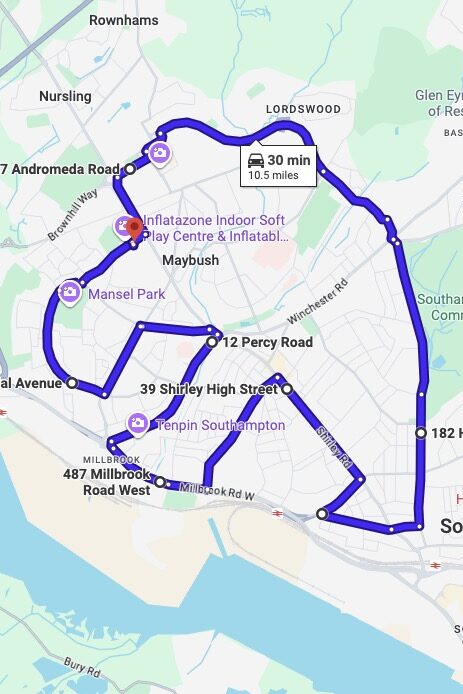Southampton (Maybush) driving test routes map UK showing DVSA test routes, real exam roads, key junctions, roundabouts and roads used in the driving test