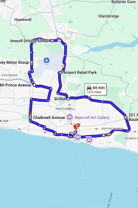Southend-on-Sea driving test routes map UK showing DVSA test routes, real exam roads, key junctions, roundabouts and roads used in the driving test