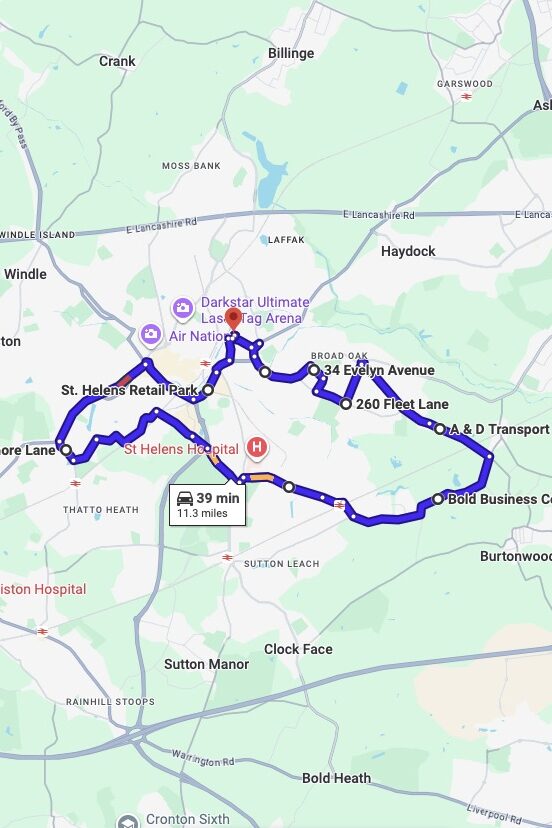 St Helens driving test routes map UK showing DVSA test routes, real exam roads, key junctions, roundabouts and roads used in the driving test