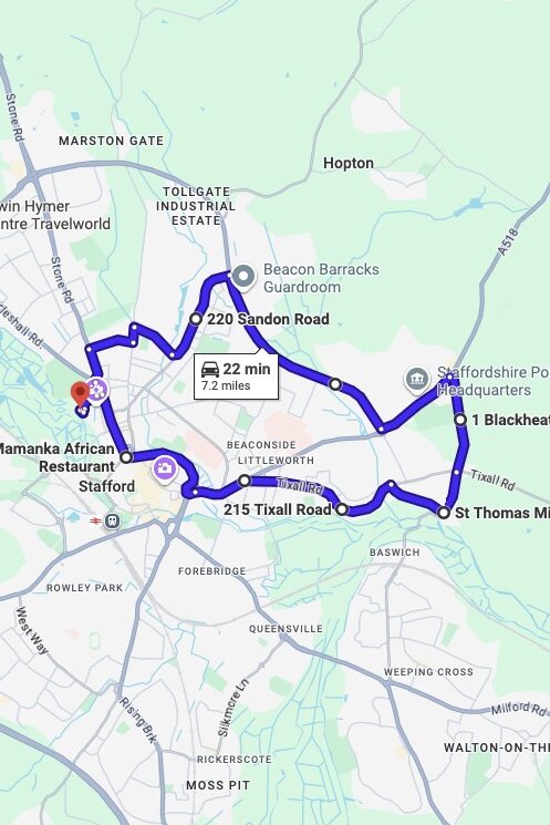 Stafford driving test routes map UK showing DVSA test routes, real exam roads, key junctions, roundabouts and roads used in the driving test