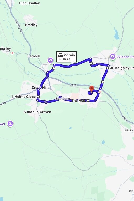 Steeton driving test routes map UK showing DVSA test routes, real exam roads, key junctions, roundabouts and roads used in the driving test