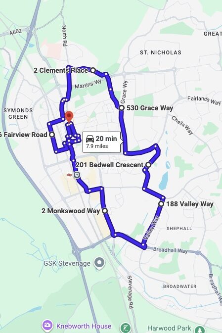Stevenage driving test routes map UK showing DVSA test routes, real exam roads, key junctions, roundabouts and roads used in the driving test