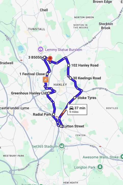 Stoke-on-Trent (Cobridge) driving test routes map UK showing DVSA test routes, real exam roads, key junctions, roundabouts and roads used in the driving test