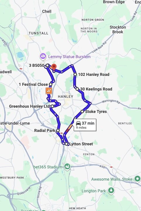 Stoke on Trent (Newcastle-under-Lyme) driving test routes map UK showing DVSA test routes, real exam roads, key junctions, roundabouts and roads used in the driving test