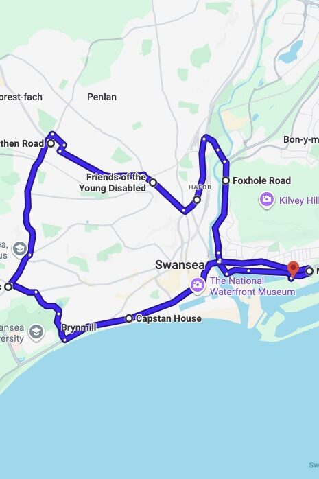 Swansea driving test routes map UK showing DVSA test routes, real exam roads, key junctions, roundabouts and roads used in the driving test
