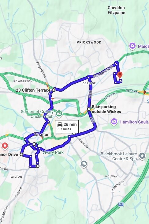 Taunton driving test routes map UK showing DVSA test routes, real exam roads, key junctions, roundabouts and roads used in the driving test