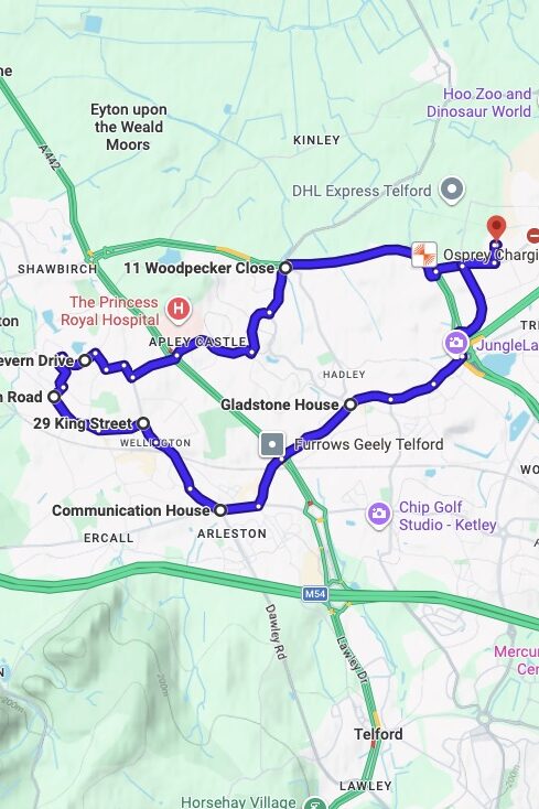 Telford driving test routes map UK showing DVSA test routes, real exam roads, key junctions, roundabouts and roads used in the driving test