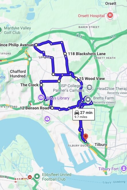 Tilbury driving test routes map UK showing DVSA test routes, real exam roads, key junctions, roundabouts and roads used in the driving test
