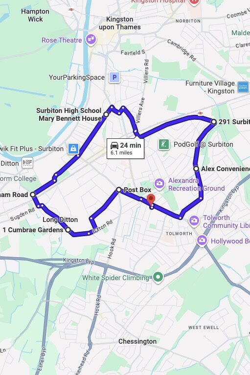 Tolworth (London) driving test routes map UK showing DVSA test routes, real exam roads, key junctions, roundabouts and roads used in the driving test