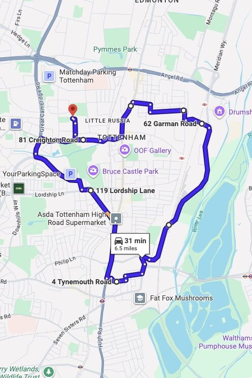 Tottenham driving test routes map UK showing DVSA test routes, real exam roads, key junctions, roundabouts and roads used in the driving test