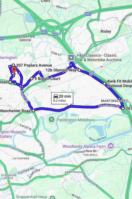 Warrington driving test routes map UK showing DVSA test routes, real exam roads, key junctions, roundabouts and roads used in the driving test