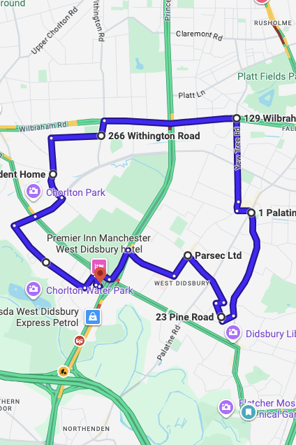 West Didsbury driving test routes map UK showing DVSA test routes, real exam roads, key junctions, roundabouts and roads used in the driving test