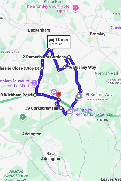 West Wickham (London) driving test routes map UK showing DVSA test routes, real exam roads, key junctions, roundabouts and roads used in the driving test