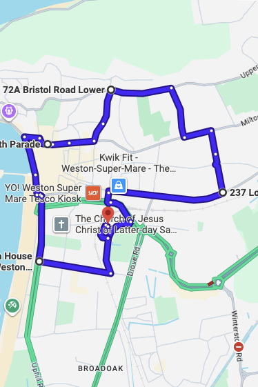 Weston-super-Mare driving test routes map UK showing DVSA test routes, real exam roads, key junctions, roundabouts and roads used in the driving test