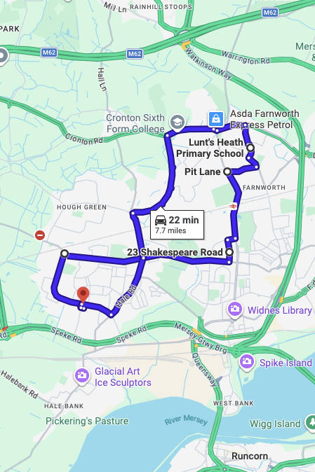 Widnes driving test routes map UK showing DVSA test routes, real exam roads, key junctions, roundabouts and roads used in the driving test