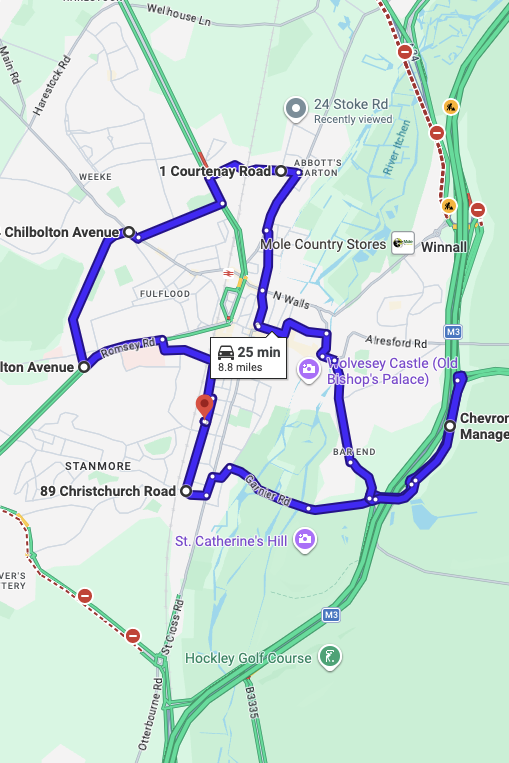 Winchester driving test routes map UK showing DVSA test routes, real exam roads, key junctions, roundabouts and roads used in the driving test